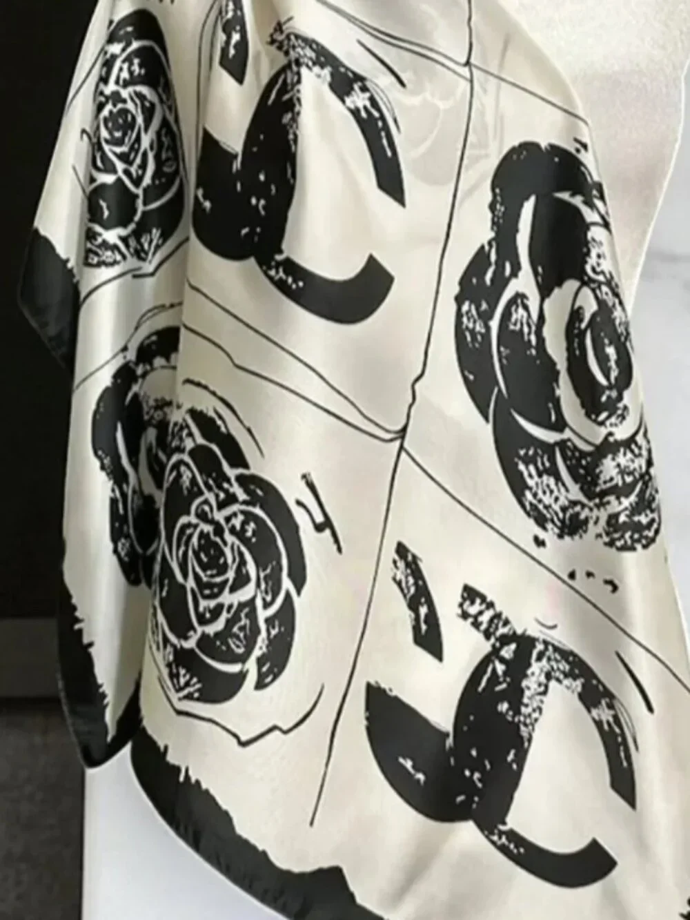 Black Ivory Floral Abstract Square Scarf 27x27 Lightweight Elegant Wrap